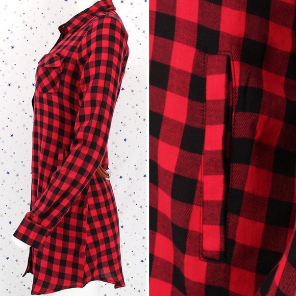 Plaid Shirt Dress with Belt Red Black - Picture 5 of 10
